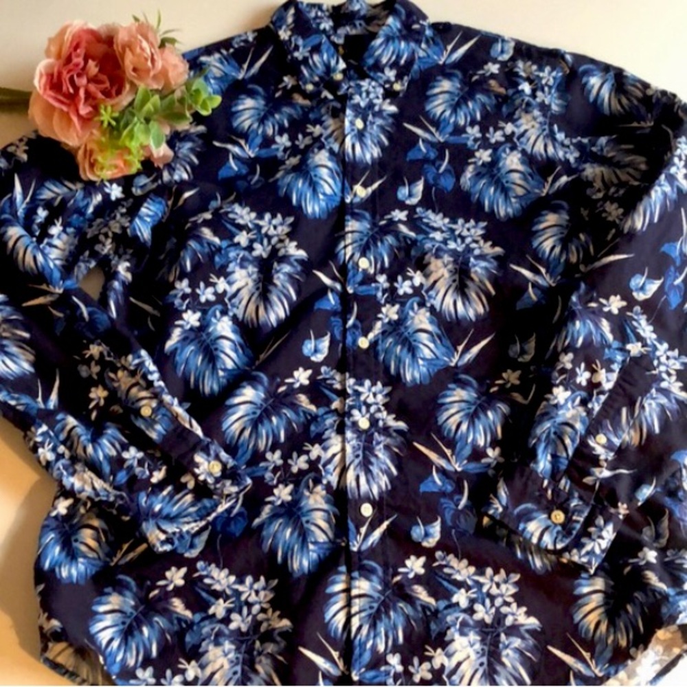 Ralph Lauren Blue Hibiscus Long Sleeve Button Down Shirt Blue Hawaiian RL